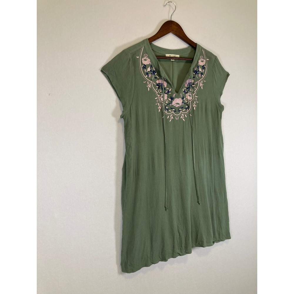 Boho Mi Ami Women Medium Olive Green Embroidered Floral V-Neck Tunic Dress‎ - Picture 11 of 12